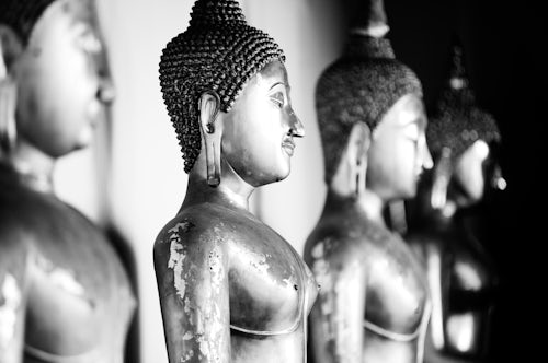 Thailand Travel Photography Black and White Photo of Buddhas at The Temple of the Reclining Buddha Wat Pho Bangkok Thailand Southeast Asia