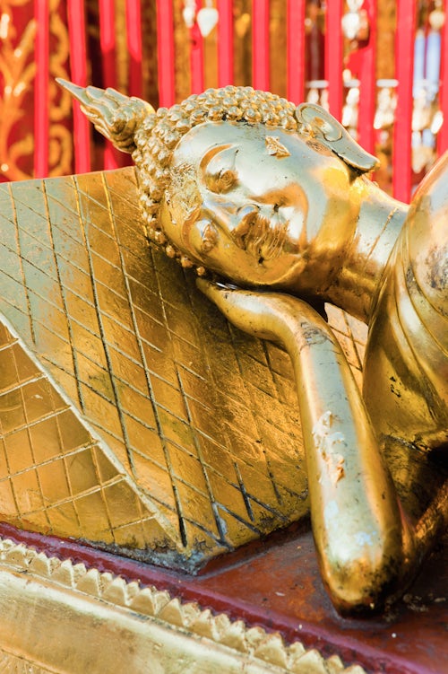 Thailand Travel Photography Gold Leaf reclining Buddha at Wat Doi Suthep Temple Chiang Mai Thailand Southeast Asia Asia Southeast Asia