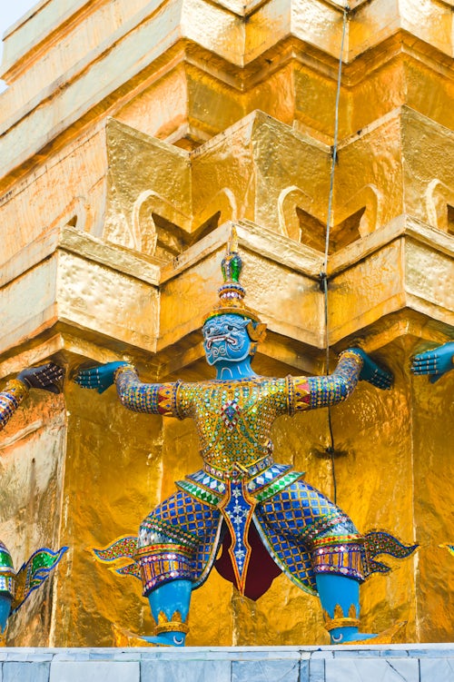 Thailand Travel Photography Guardian statues supporting a golden chedi Grand Palace Bangkok Thailand Southeast Asia Asia Southeast Asia