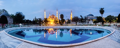 Turkey Architecture Travel Photography Blue Mosque Sultan Ahmed Mosque reflection at night seen from Sultanahmet Park Istanbul Turkey Eastern Europe