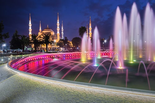 Turkey Travel Photography Blue Mosque Sultan Ahmed Mosque and Sultanahmet Square fountain at night Istanbul Turkey Eastern Europe
