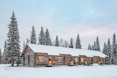 Architecture and Hotel Photography by Professional Freelance Hotel Property and Resort Photographer in London England UK Luxury Cabin in the woods and forest in Akaslompolo Lapland Arctic Circle Finland