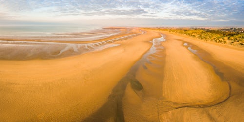 Drone Photography by UK London Freelance Drone Photographer Camber Sands Beach at sunrise Camber near Rye East Sussex England