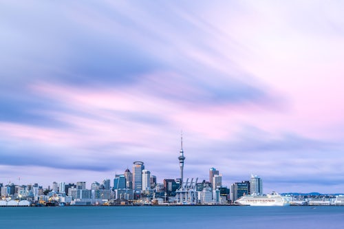 Landscape Photography by Professional Freelance UK Landscape Photographer Auckland skyline at sunrise seen from Devonport Auckland New Zealand North Island
