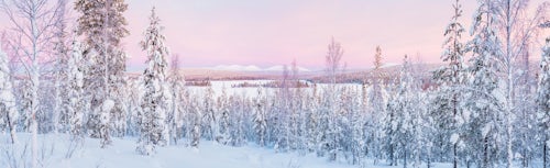 Landscape Photography by Professional Freelance UK Landscape Photographer Frozen snow covered lake in the winter landscape in Lapland at sunset inside the Arctic Circle in Finland