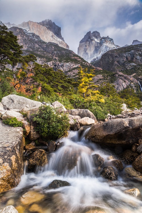Landscape Photography by Professional Freelance UK Landscape Photographer Los Cuernos and a waterfall in Torres del Paine National Park Parque Nacional Torres del Paine Patagonia Chile South America
