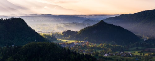Landscape Photography by Professional Freelance UK Landscape Photographer Misty sunrise landscape View from Osojnica Hill at Lake Bled towards Radovljica Gorenjska Region Slovenia Europe